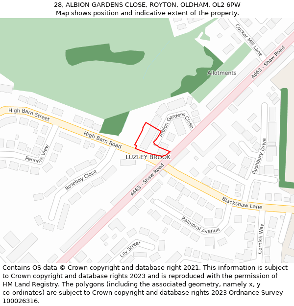 28, ALBION GARDENS CLOSE, ROYTON, OLDHAM, OL2 6PW: Location map and indicative extent of plot