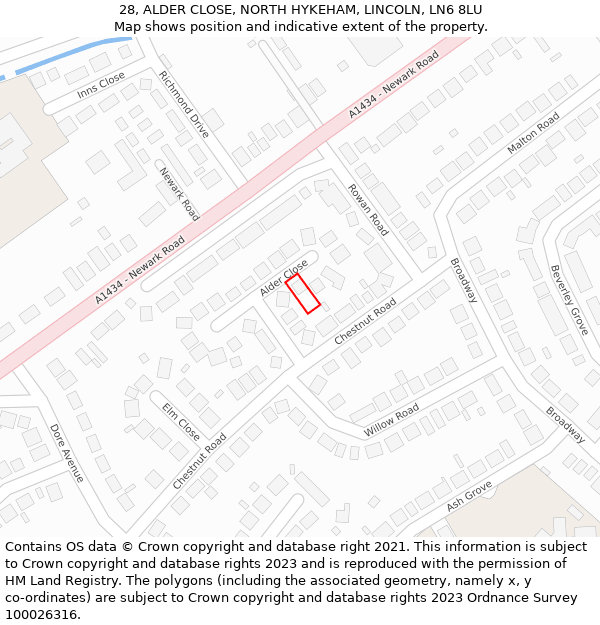 28, ALDER CLOSE, NORTH HYKEHAM, LINCOLN, LN6 8LU: Location map and indicative extent of plot