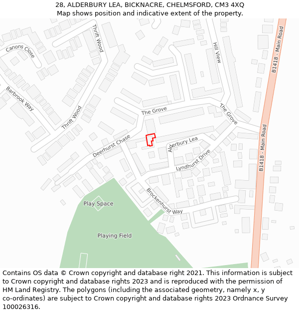 28, ALDERBURY LEA, BICKNACRE, CHELMSFORD, CM3 4XQ: Location map and indicative extent of plot