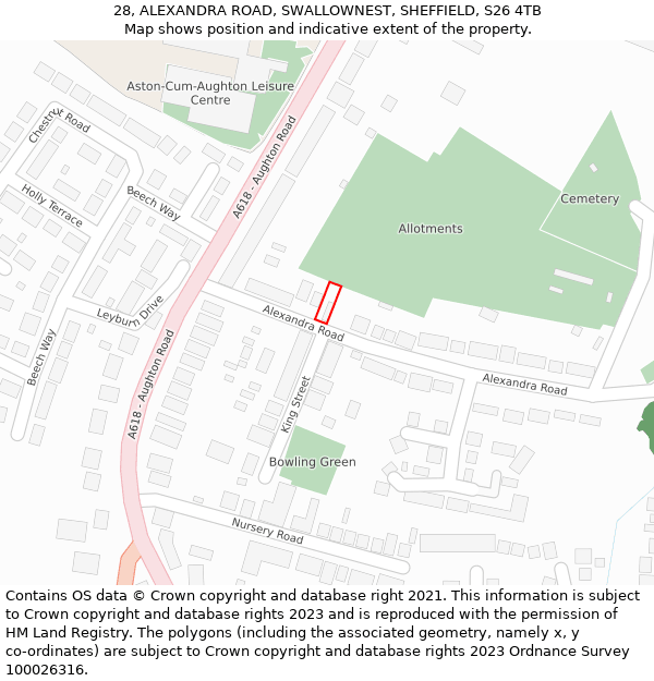 28, ALEXANDRA ROAD, SWALLOWNEST, SHEFFIELD, S26 4TB: Location map and indicative extent of plot