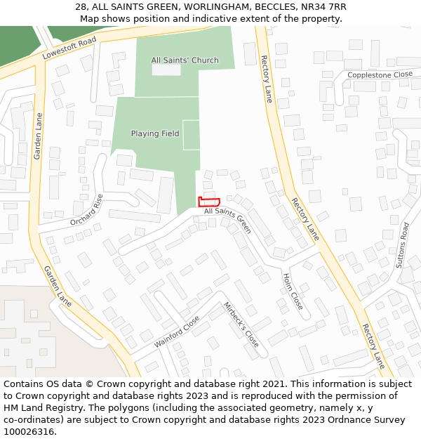 28, ALL SAINTS GREEN, WORLINGHAM, BECCLES, NR34 7RR: Location map and indicative extent of plot