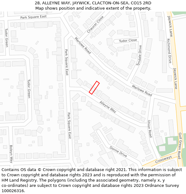 28, ALLEYNE WAY, JAYWICK, CLACTON-ON-SEA, CO15 2RD: Location map and indicative extent of plot