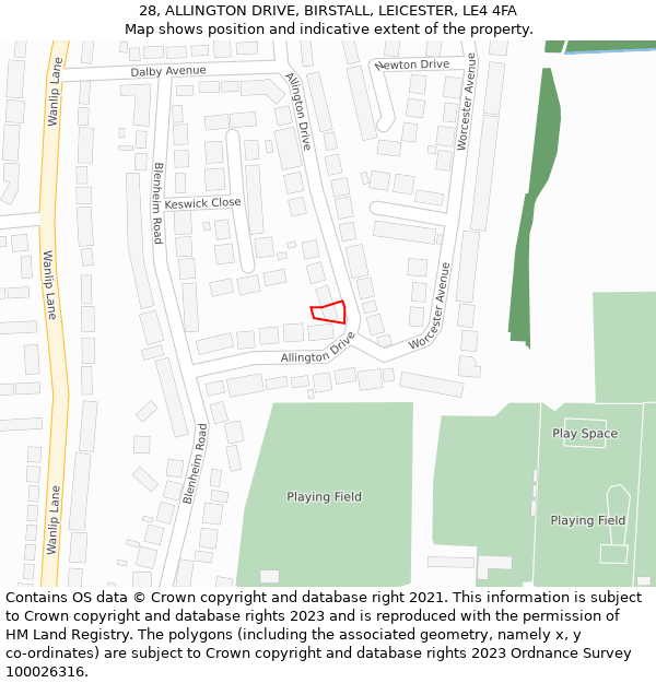 28, ALLINGTON DRIVE, BIRSTALL, LEICESTER, LE4 4FA: Location map and indicative extent of plot