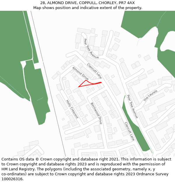 28, ALMOND DRIVE, COPPULL, CHORLEY, PR7 4AX: Location map and indicative extent of plot