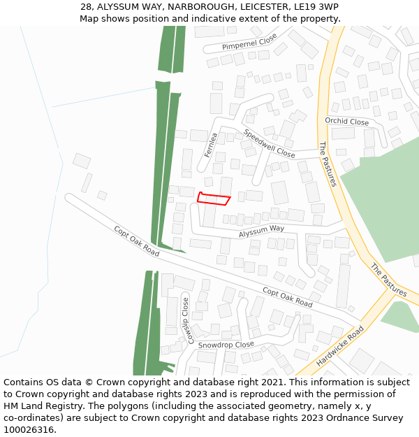 28, ALYSSUM WAY, NARBOROUGH, LEICESTER, LE19 3WP: Location map and indicative extent of plot