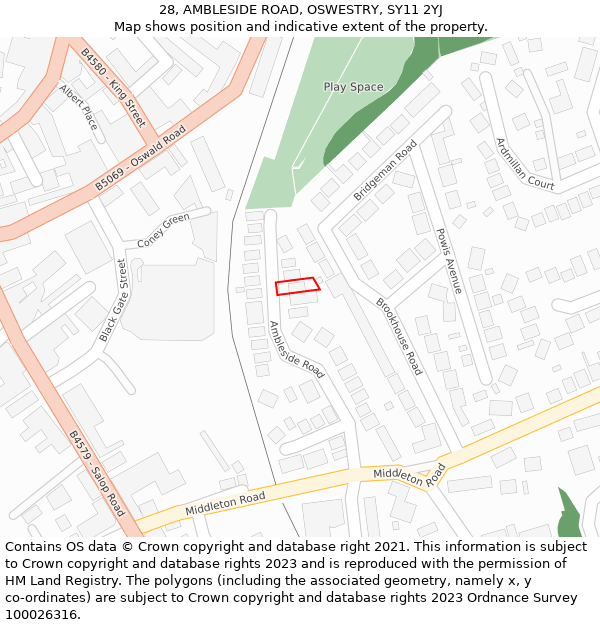 28, AMBLESIDE ROAD, OSWESTRY, SY11 2YJ: Location map and indicative extent of plot