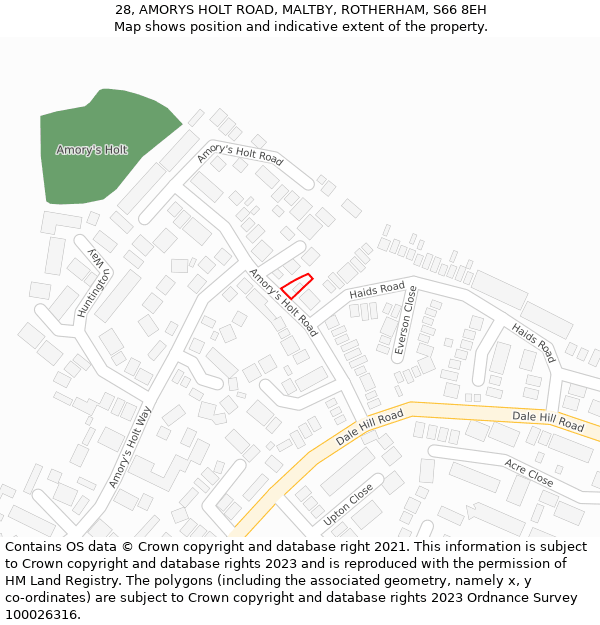 28, AMORYS HOLT ROAD, MALTBY, ROTHERHAM, S66 8EH: Location map and indicative extent of plot