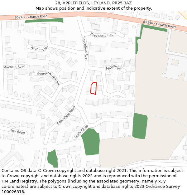 28, APPLEFIELDS, LEYLAND, PR25 3AZ: Location map and indicative extent of plot