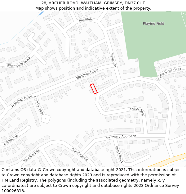 28, ARCHER ROAD, WALTHAM, GRIMSBY, DN37 0UE: Location map and indicative extent of plot