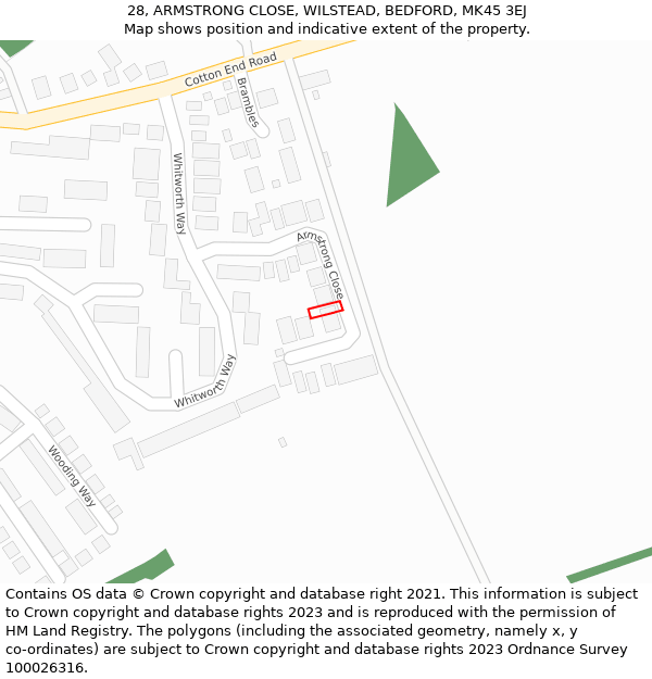 28, ARMSTRONG CLOSE, WILSTEAD, BEDFORD, MK45 3EJ: Location map and indicative extent of plot