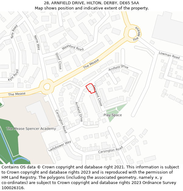 28, ARNFIELD DRIVE, HILTON, DERBY, DE65 5AA: Location map and indicative extent of plot