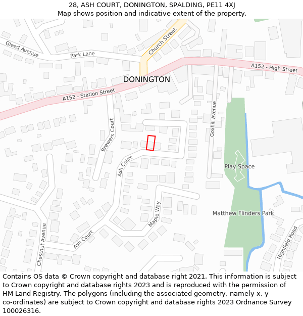 28, ASH COURT, DONINGTON, SPALDING, PE11 4XJ: Location map and indicative extent of plot