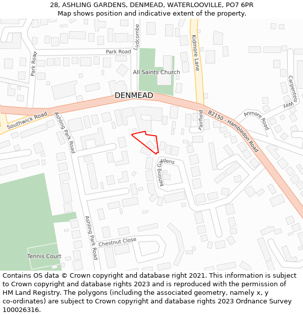 28, ASHLING GARDENS, DENMEAD, WATERLOOVILLE, PO7 6PR: Location map and indicative extent of plot