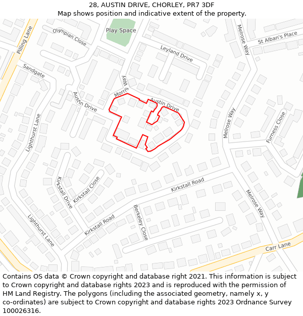 28, AUSTIN DRIVE, CHORLEY, PR7 3DF: Location map and indicative extent of plot