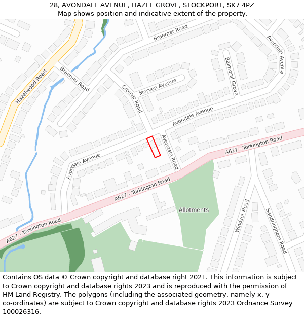 28, AVONDALE AVENUE, HAZEL GROVE, STOCKPORT, SK7 4PZ: Location map and indicative extent of plot