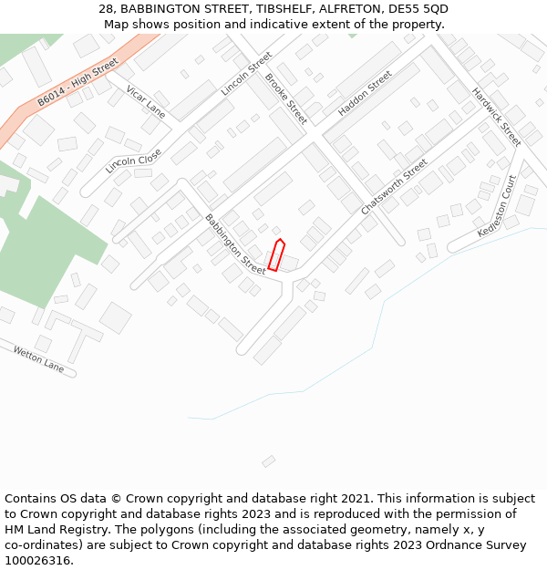 28, BABBINGTON STREET, TIBSHELF, ALFRETON, DE55 5QD: Location map and indicative extent of plot