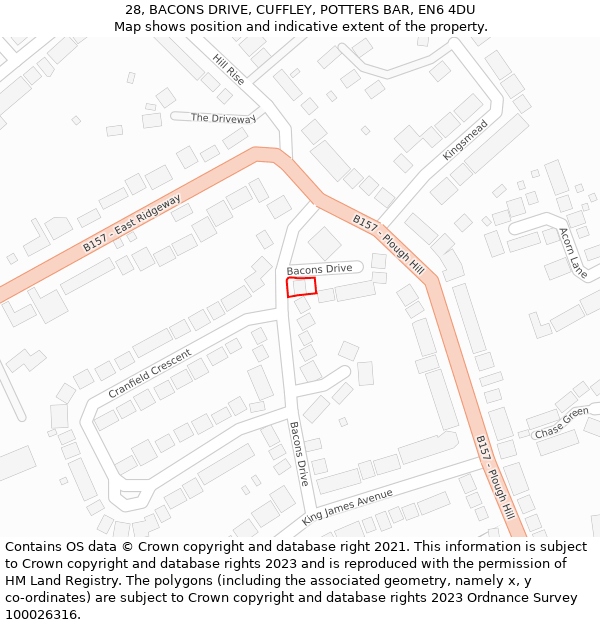 28, BACONS DRIVE, CUFFLEY, POTTERS BAR, EN6 4DU: Location map and indicative extent of plot