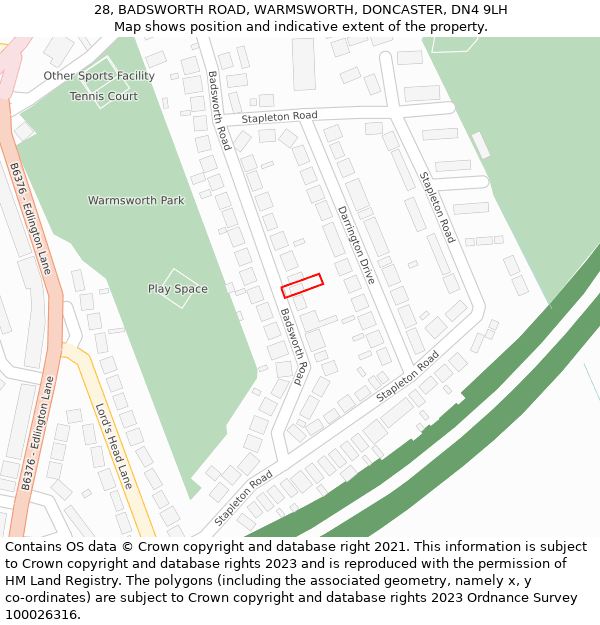28, BADSWORTH ROAD, WARMSWORTH, DONCASTER, DN4 9LH: Location map and indicative extent of plot