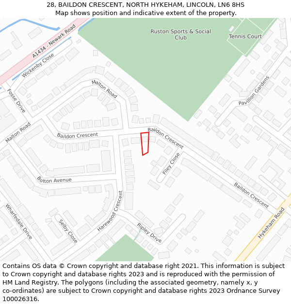 28, BAILDON CRESCENT, NORTH HYKEHAM, LINCOLN, LN6 8HS: Location map and indicative extent of plot