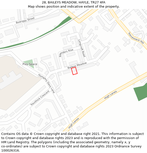 28, BAILEYS MEADOW, HAYLE, TR27 4FA: Location map and indicative extent of plot