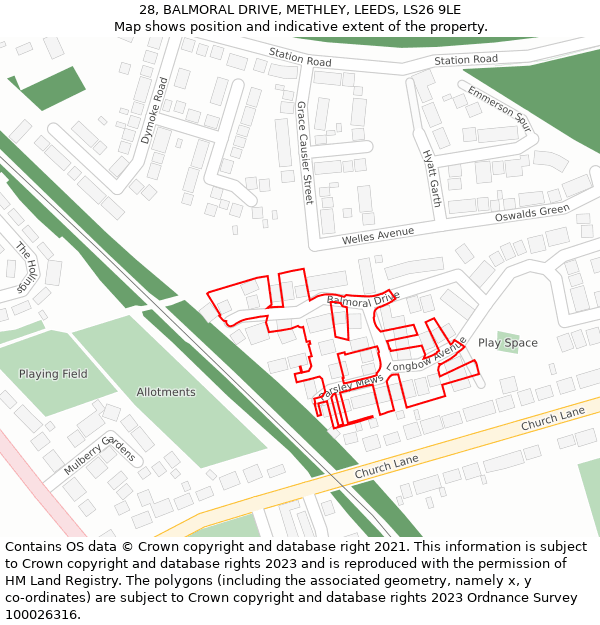 28, BALMORAL DRIVE, METHLEY, LEEDS, LS26 9LE: Location map and indicative extent of plot