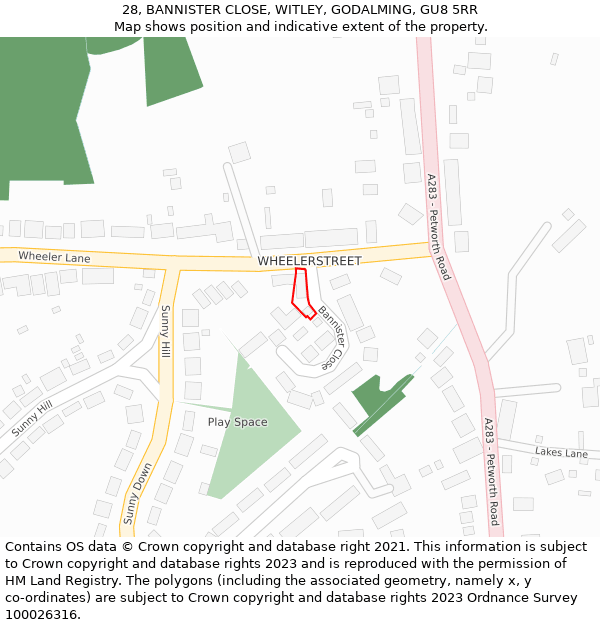 28, BANNISTER CLOSE, WITLEY, GODALMING, GU8 5RR: Location map and indicative extent of plot