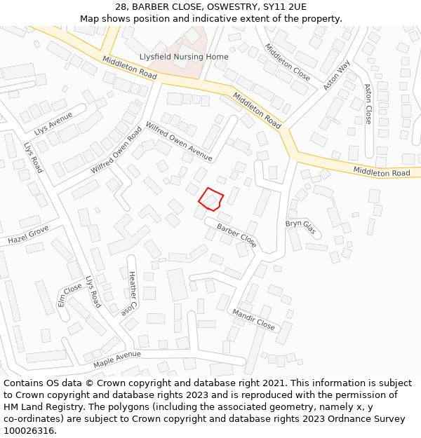 28, BARBER CLOSE, OSWESTRY, SY11 2UE: Location map and indicative extent of plot