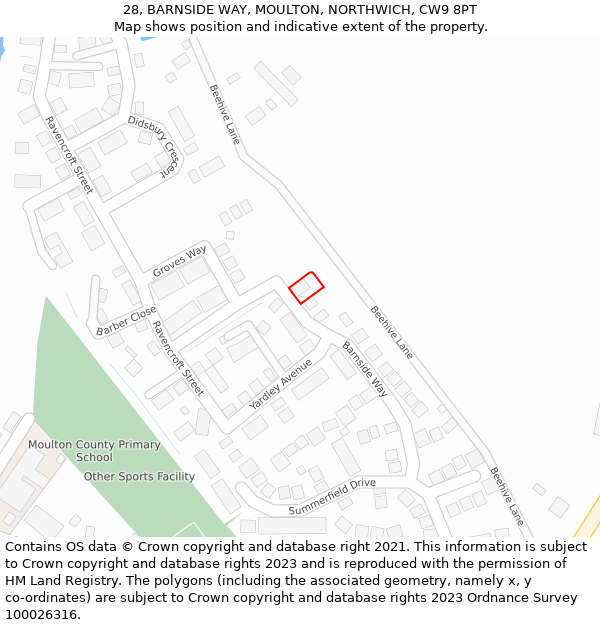 28, BARNSIDE WAY, MOULTON, NORTHWICH, CW9 8PT: Location map and indicative extent of plot