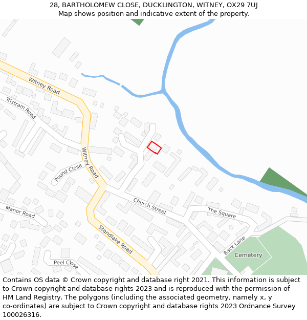 28, BARTHOLOMEW CLOSE, DUCKLINGTON, WITNEY, OX29 7UJ: Location map and indicative extent of plot