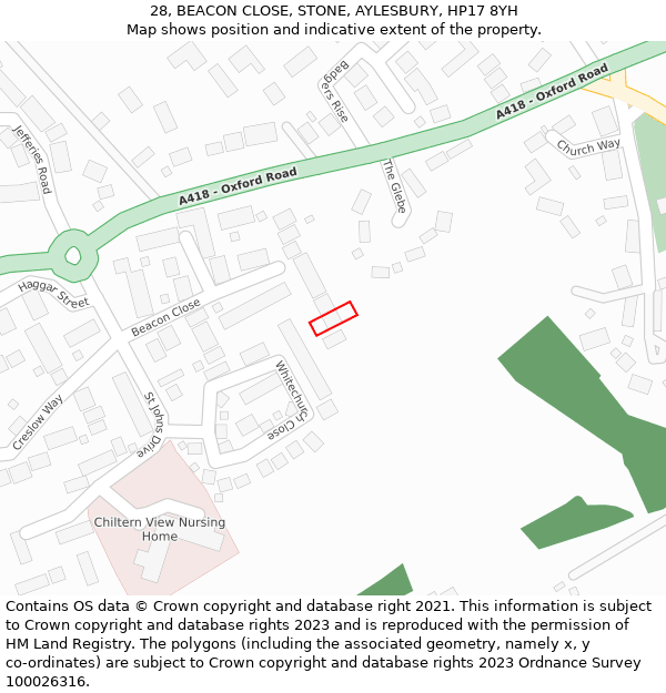 28, BEACON CLOSE, STONE, AYLESBURY, HP17 8YH: Location map and indicative extent of plot