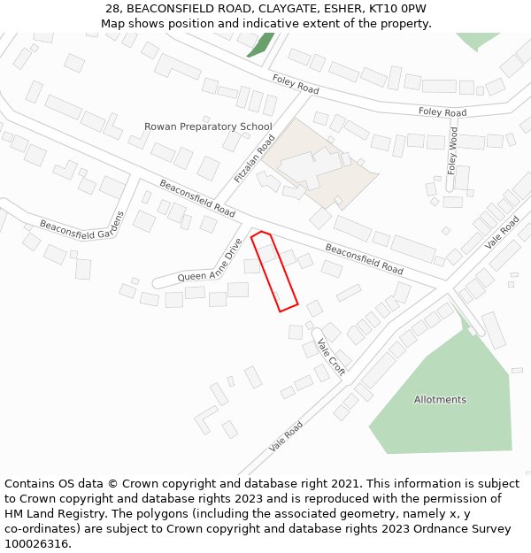 28, BEACONSFIELD ROAD, CLAYGATE, ESHER, KT10 0PW: Location map and indicative extent of plot