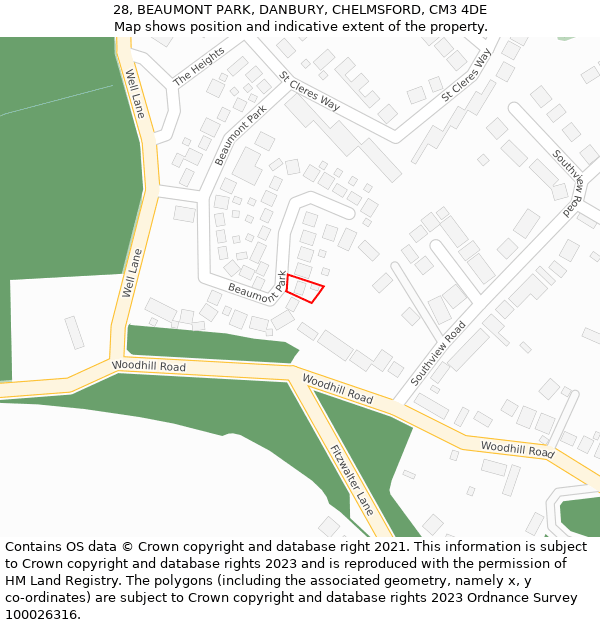 28, BEAUMONT PARK, DANBURY, CHELMSFORD, CM3 4DE: Location map and indicative extent of plot