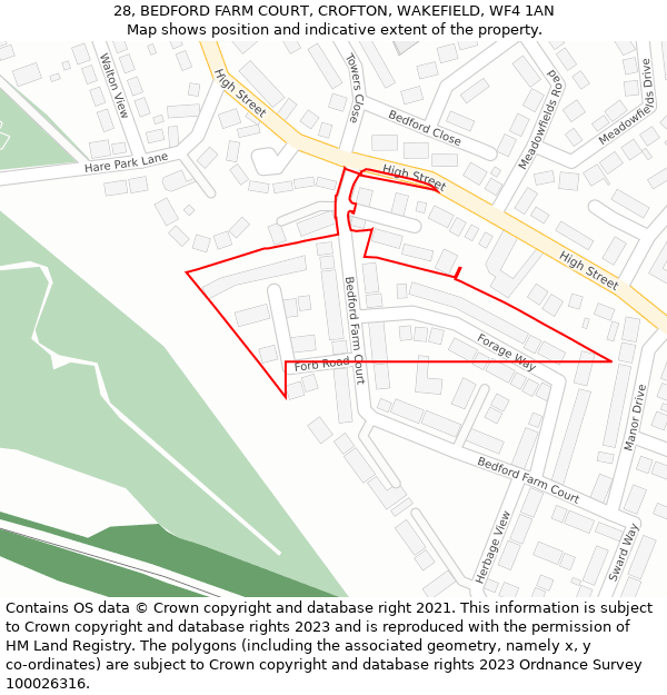 28, BEDFORD FARM COURT, CROFTON, WAKEFIELD, WF4 1AN: Location map and indicative extent of plot