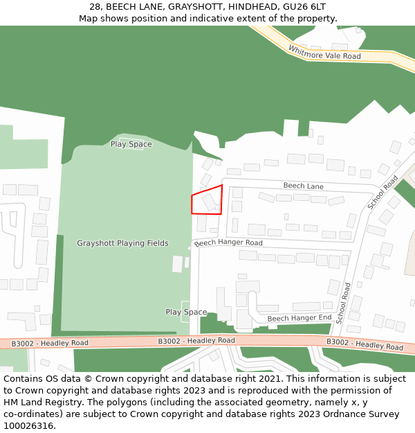 28, BEECH LANE, GRAYSHOTT, HINDHEAD, GU26 6LT: Location map and indicative extent of plot