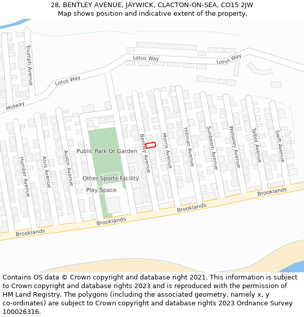 28, BENTLEY AVENUE, JAYWICK, CLACTON-ON-SEA, CO15 2JW: Location map and indicative extent of plot