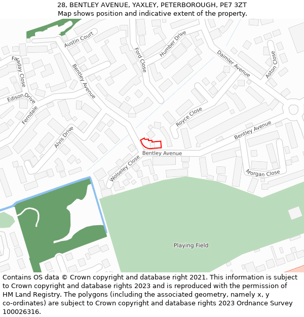 28, BENTLEY AVENUE, YAXLEY, PETERBOROUGH, PE7 3ZT: Location map and indicative extent of plot