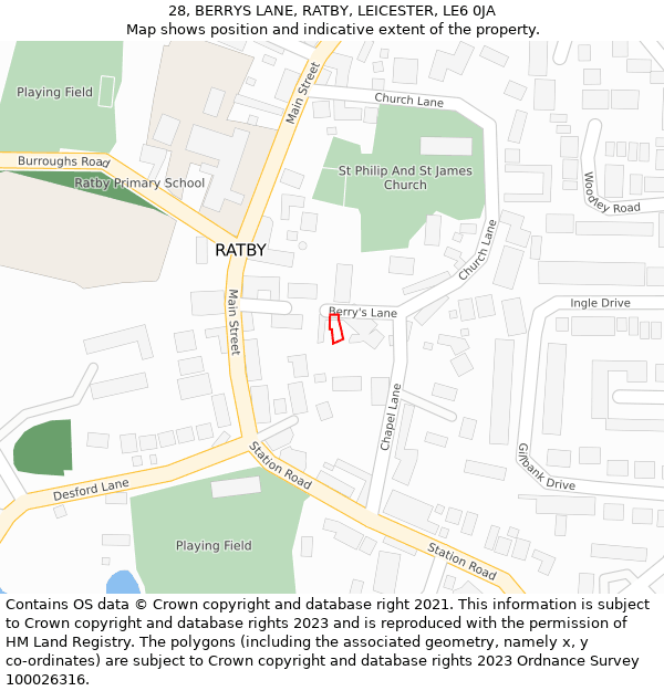 28, BERRYS LANE, RATBY, LEICESTER, LE6 0JA: Location map and indicative extent of plot