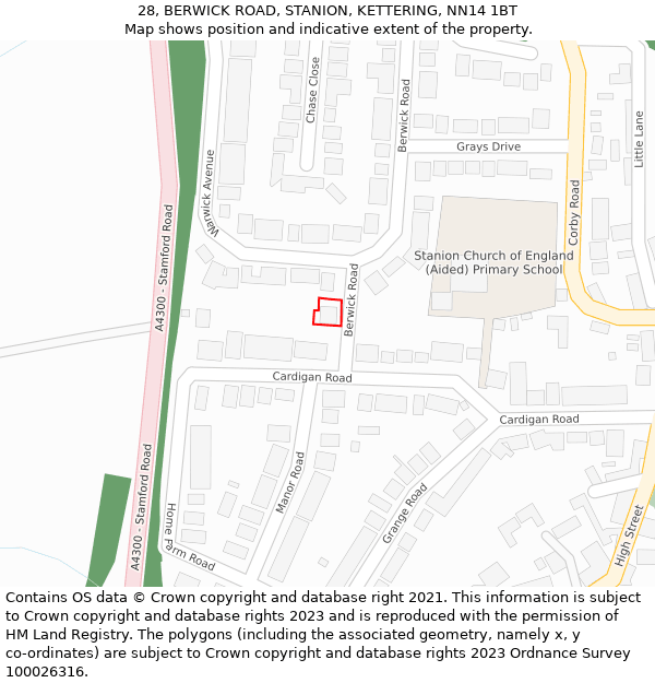 28, BERWICK ROAD, STANION, KETTERING, NN14 1BT: Location map and indicative extent of plot