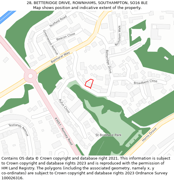 28, BETTERIDGE DRIVE, ROWNHAMS, SOUTHAMPTON, SO16 8LE: Location map and indicative extent of plot