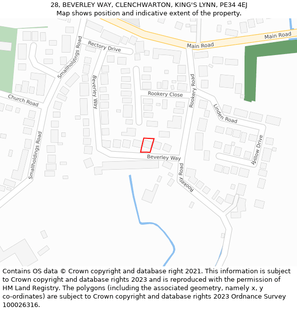 28, BEVERLEY WAY, CLENCHWARTON, KING'S LYNN, PE34 4EJ: Location map and indicative extent of plot