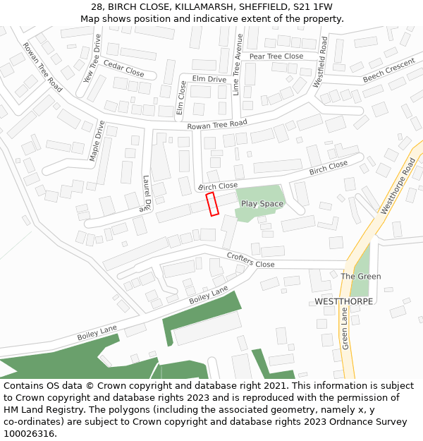 28, BIRCH CLOSE, KILLAMARSH, SHEFFIELD, S21 1FW: Location map and indicative extent of plot