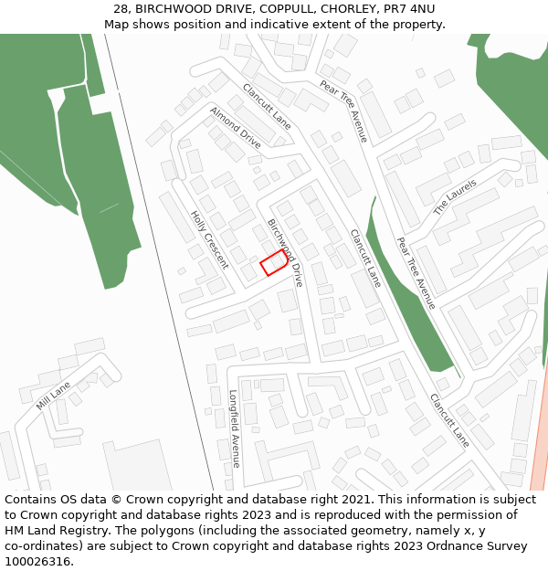 28, BIRCHWOOD DRIVE, COPPULL, CHORLEY, PR7 4NU: Location map and indicative extent of plot