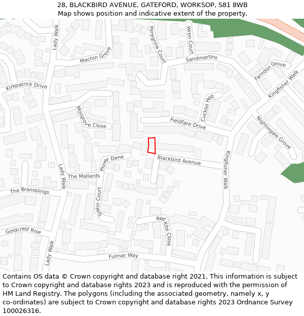 28, BLACKBIRD AVENUE, GATEFORD, WORKSOP, S81 8WB: Location map and indicative extent of plot