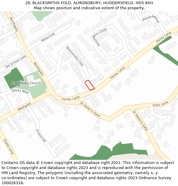 28, BLACKSMITHS FOLD, ALMONDBURY, HUDDERSFIELD, HD5 8XH: Location map and indicative extent of plot