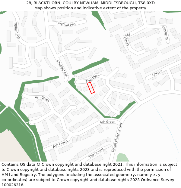 28, BLACKTHORN, COULBY NEWHAM, MIDDLESBROUGH, TS8 0XD: Location map and indicative extent of plot