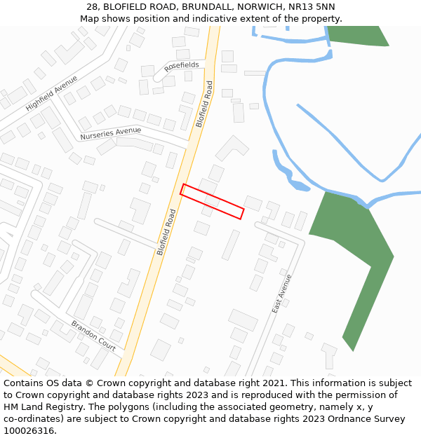 28, BLOFIELD ROAD, BRUNDALL, NORWICH, NR13 5NN: Location map and indicative extent of plot