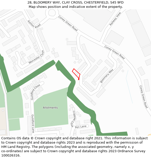 28, BLOOMERY WAY, CLAY CROSS, CHESTERFIELD, S45 9FD: Location map and indicative extent of plot