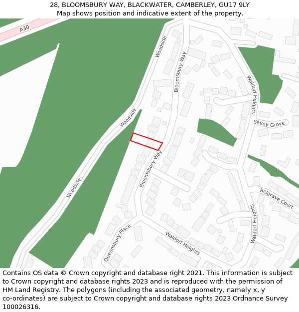 28, BLOOMSBURY WAY, BLACKWATER, CAMBERLEY, GU17 9LY: Location map and indicative extent of plot