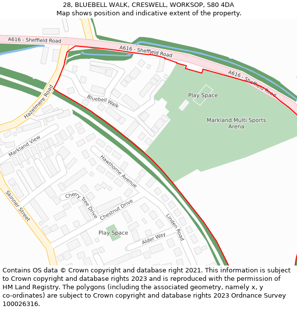 28, BLUEBELL WALK, CRESWELL, WORKSOP, S80 4DA: Location map and indicative extent of plot