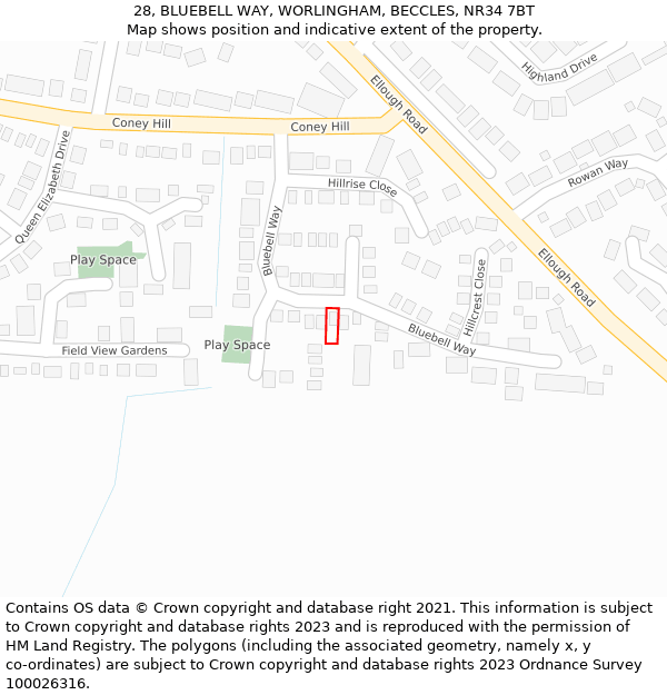 28, BLUEBELL WAY, WORLINGHAM, BECCLES, NR34 7BT: Location map and indicative extent of plot